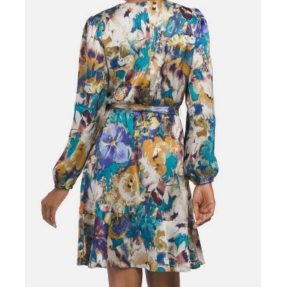 NWT NICOLE MILLER NY Women's Long Sleeve Floral Satin Wrap Style Mini Dress L - Picture 5 of 7